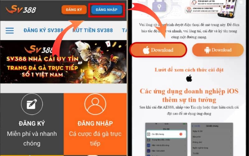 Đăng nhập vào trang chủ SV388 và chọn tải app dành cho IOS Đăng nhập vào trang chủ SV388 và chọn tải app dành cho IOS